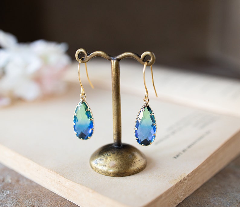 Green and Blue Earrings, Two Tone Vintage Glass Earrings, Gold Dangle Earrings, Teardrop Glass Jewel Earrings, Sparkly Crystal Earrings image 1