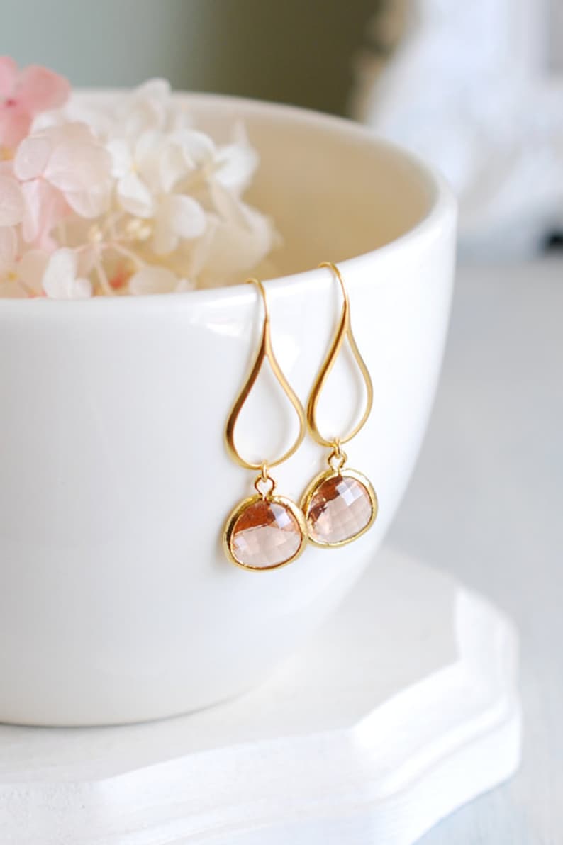 Peach Champagne Dangle Earrings Glass Drop Earrings Gold Etsy