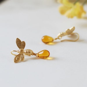 Bee Earrings Gold Bee Jewelry Honey Bee Topaz Honey Drop Earrings November Birthstone Birthday Gift for her Gift for mom sister women