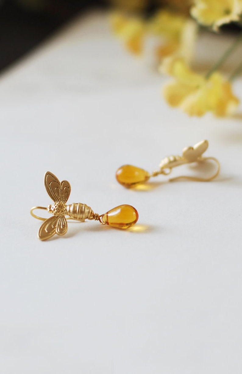 Bee Earrings Gold Bee Jewelry Honey Bee Topaz Honey Drop Earrings November Birthstone Birthday Gift for her Gift for mom sister women 