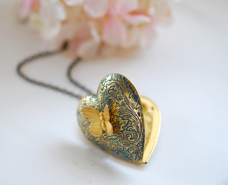 Heart Locket Necklace Butterfly Locket Verdigris Blue Gold Etsy