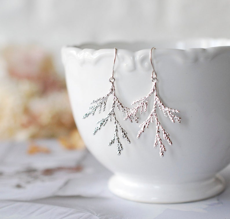 Silver Spruce Tree Leaf Branch Earrings, Fall Earrings, Winter Earrings, Fall Winter Jewelry, Coniferous Evergreen tree, Christmas Tree image 1