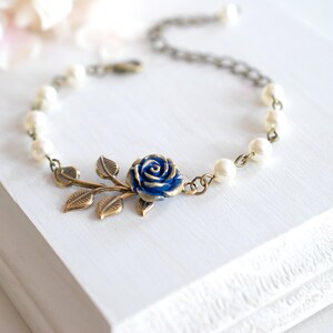 Navy Blue Wedding Bridal Bracelet Dark Blue Rose Flower Brass Leaf Branch Beaded Cream Ivory Pearl Bracelet Flower Girl Bridesmaid Bracelet image 3