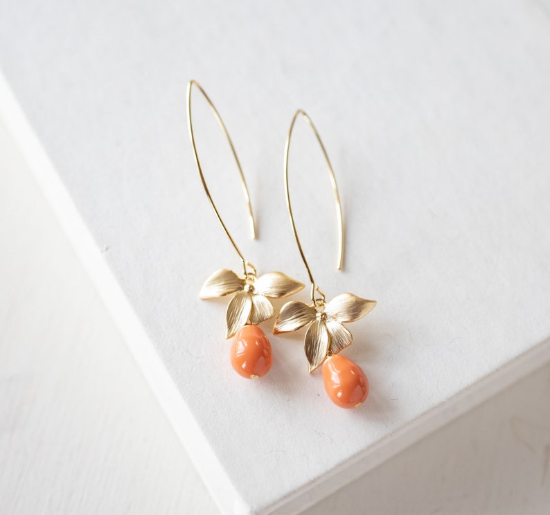 Orange Coral Pearl Earrings, Gold Orchid Flower Dangle Earrings, Coral Wedding Jewelry, Bridesmaid Gift, Gift for Wife Daughter Sister Mom image 3