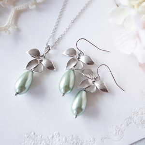 Light Green Pearl Earrings, Soft Green Pearl Earrings, Sage Green Pearl Earrings, Teardrop Green Pearl Earrings, Silver Flower Earrings image 2