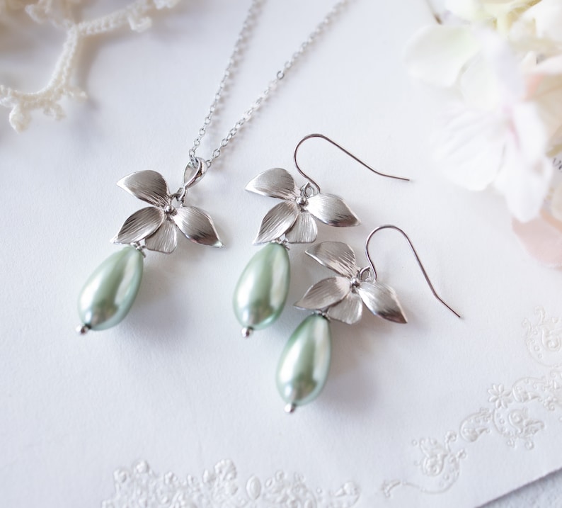 Light Green Pearl Earrings, Soft Green Pearl Earrings, Sage Green Pearl Earrings, Teardrop Green Pearl Earrings, Silver Flower Earrings image 2