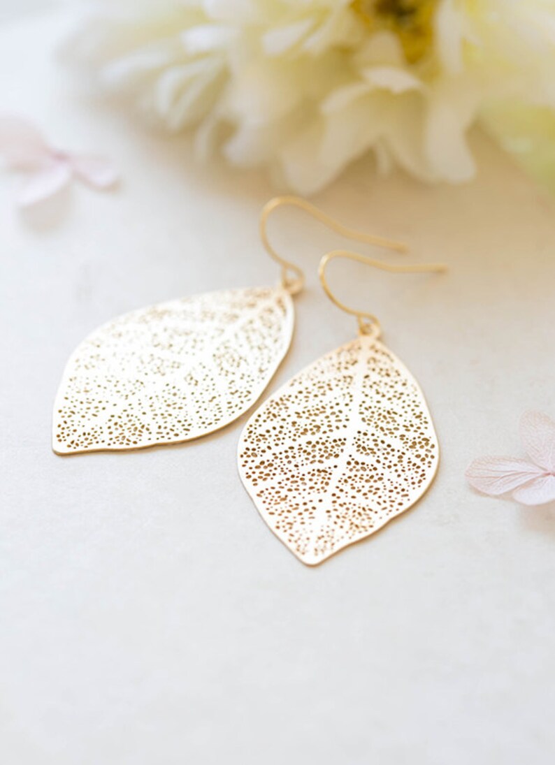 Gold Leaf Earrings Gold Filigree Leaf Dangle Earrings Woodland Etsy