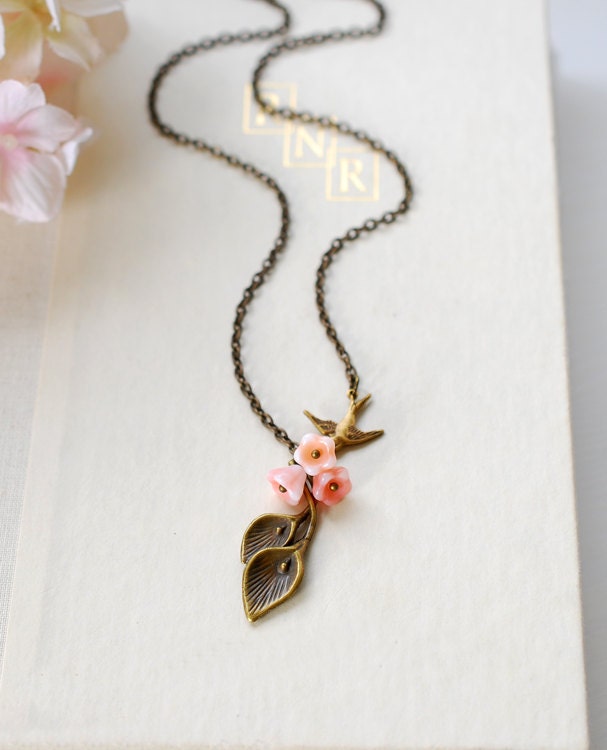 Calla Lily Necklace. Antiqued Brass Calla Lily Pink Bell | Etsy