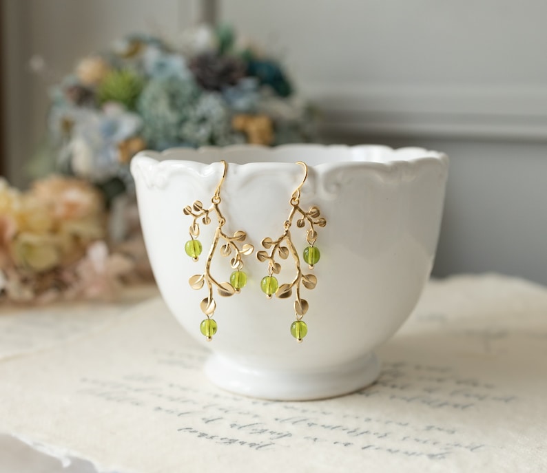 Peridot Green Earrings, Gold Leaf Tree Branch Dangle Earrings, chandelier Earrings, Summer Jewelry, Plant, Nature, August Birthstone image 1