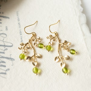 Peridot Green Earrings, Gold Leaf Tree Branch Dangle Earrings, chandelier Earrings, Summer Jewelry, Plant, Nature, August Birthstone image 6