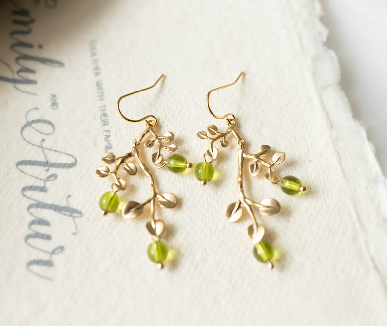 Peridot Green Earrings, Gold Leaf Tree Branch Dangle Earrings, chandelier Earrings, Summer Jewelry, Plant, Nature, August Birthstone image 6