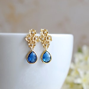 Gold Flowers Dark Sapphire Blue Navy Blue Montana Blue Glass Post Earrings, September birthstone, 925 Sterling Silver Post, Wedding Jewelry