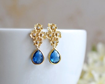 Gold Flowers Dark Sapphire Blue Navy Blue Montana Blue Glass Post Earrings, September birthstone, 925 Sterling Silver Post, Wedding Jewelry