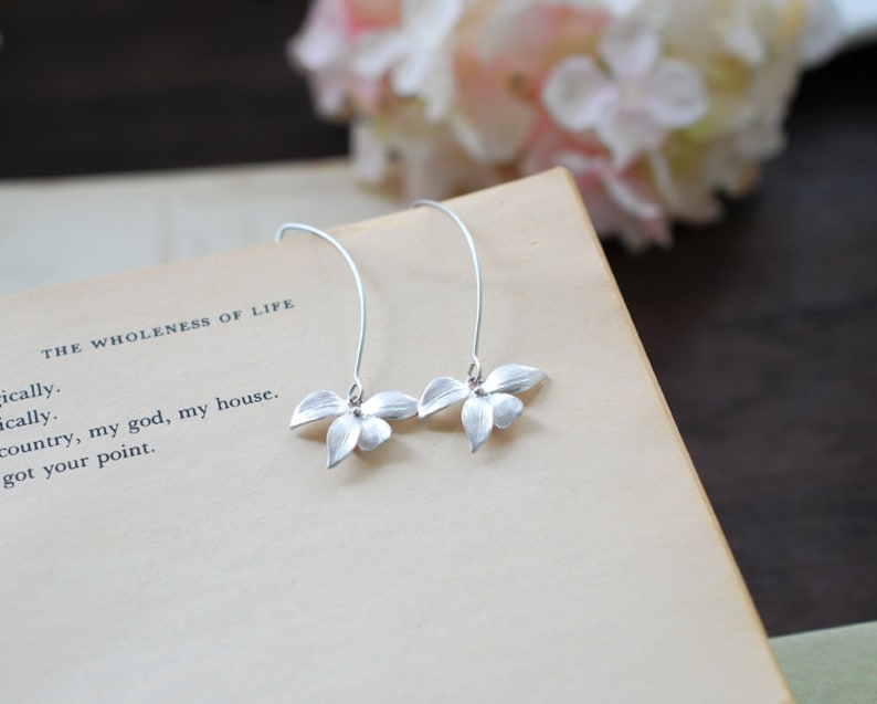 Silver Earrings, Orchid Flower Long Dangle Earrings, Wedding Jewelry, Bridesmaid gift, Bridal Earrings, Gift for her , Gift for for Mom image 2
