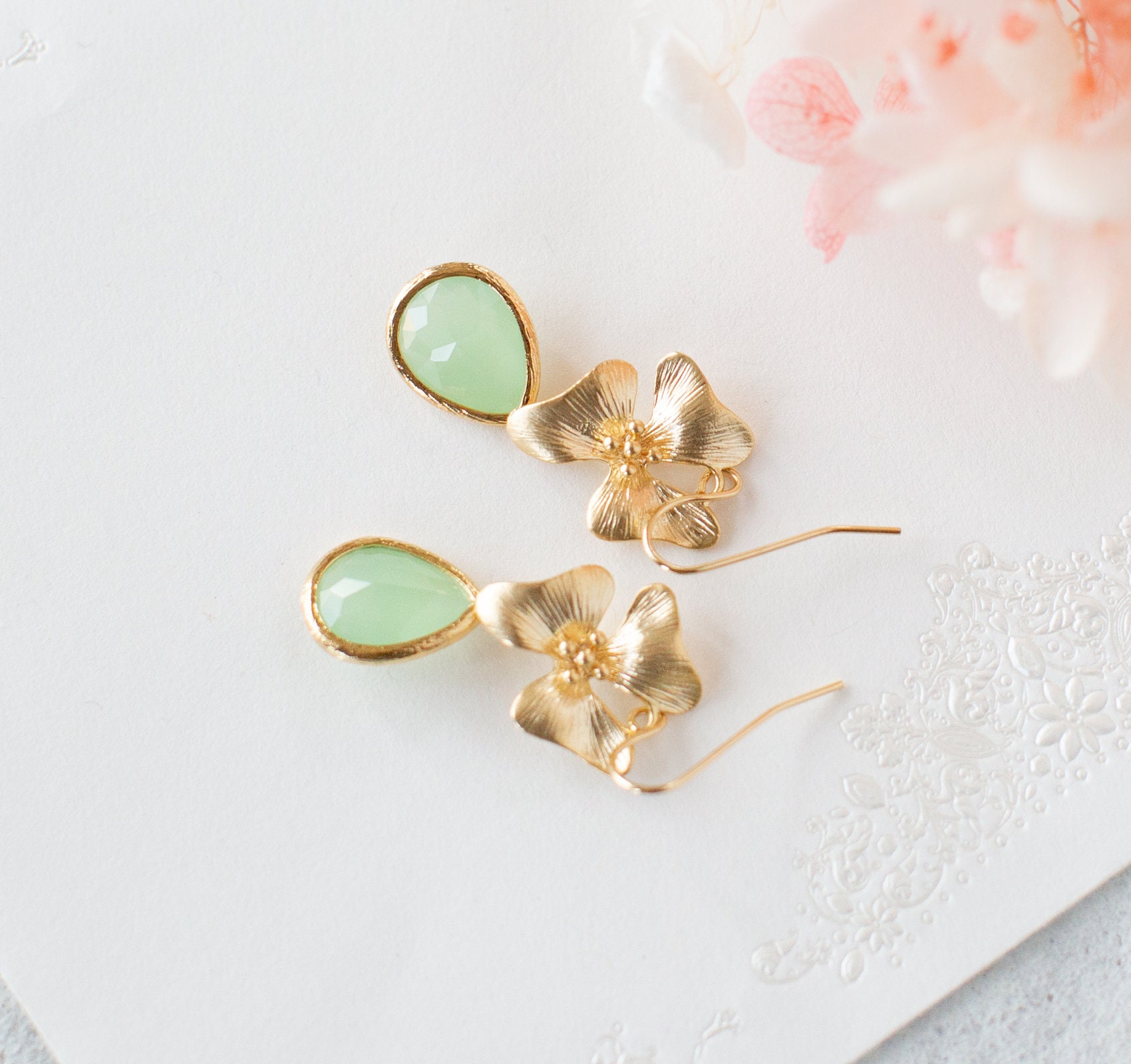 Mint Green Earrings Gold Flower Dangle Earrings Mint Wedding | Etsy
