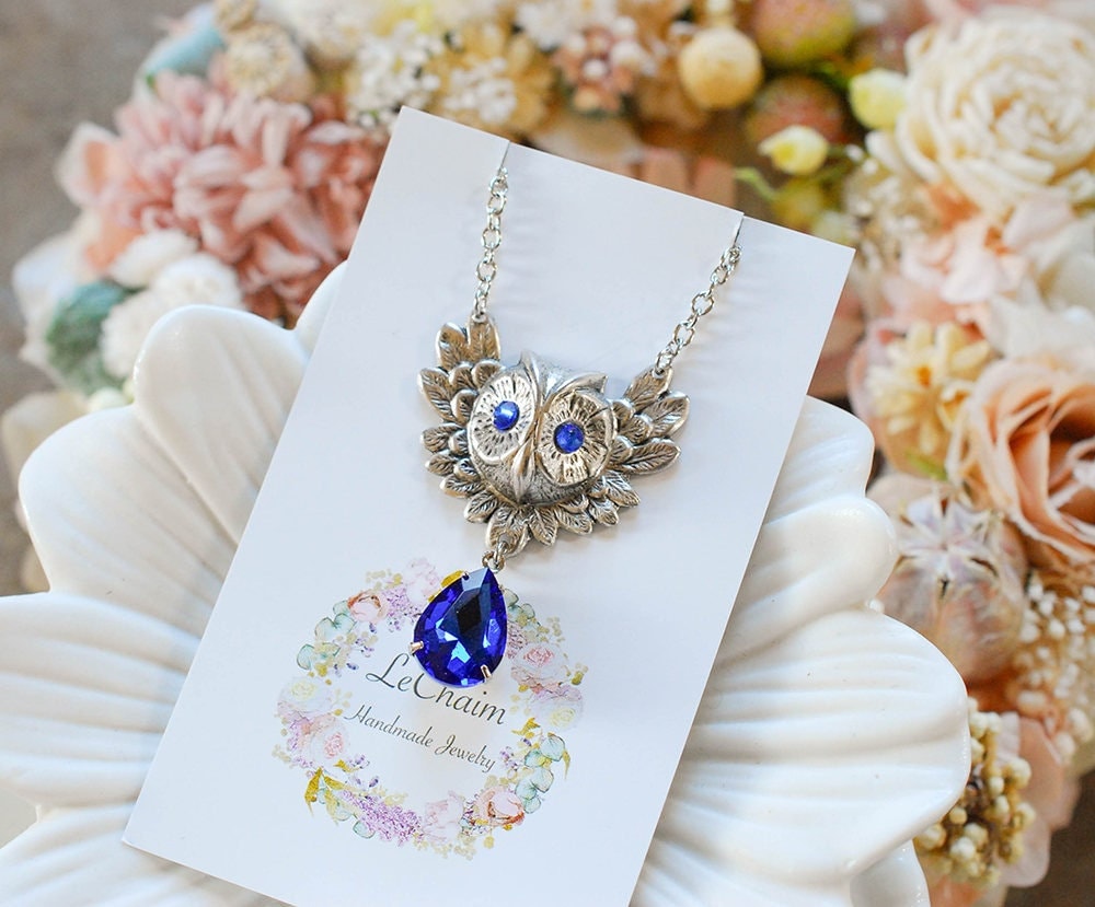 Silver Owl Necklace with Sapphire Blue Crystal Rhinestone, September Birthstone Birthday Gift for he