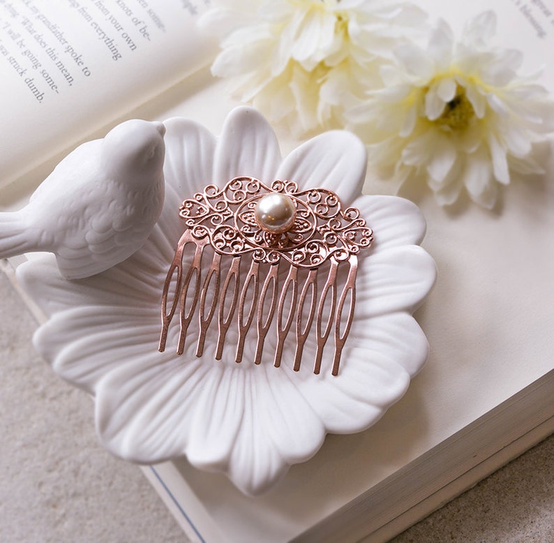 Bridesmaid Gift Rose Gold Wedding Bridal Hair Comb Rose Gold Hair Comb Winter Fall Autumn Wedding Filigree Champagne Pearl Comb