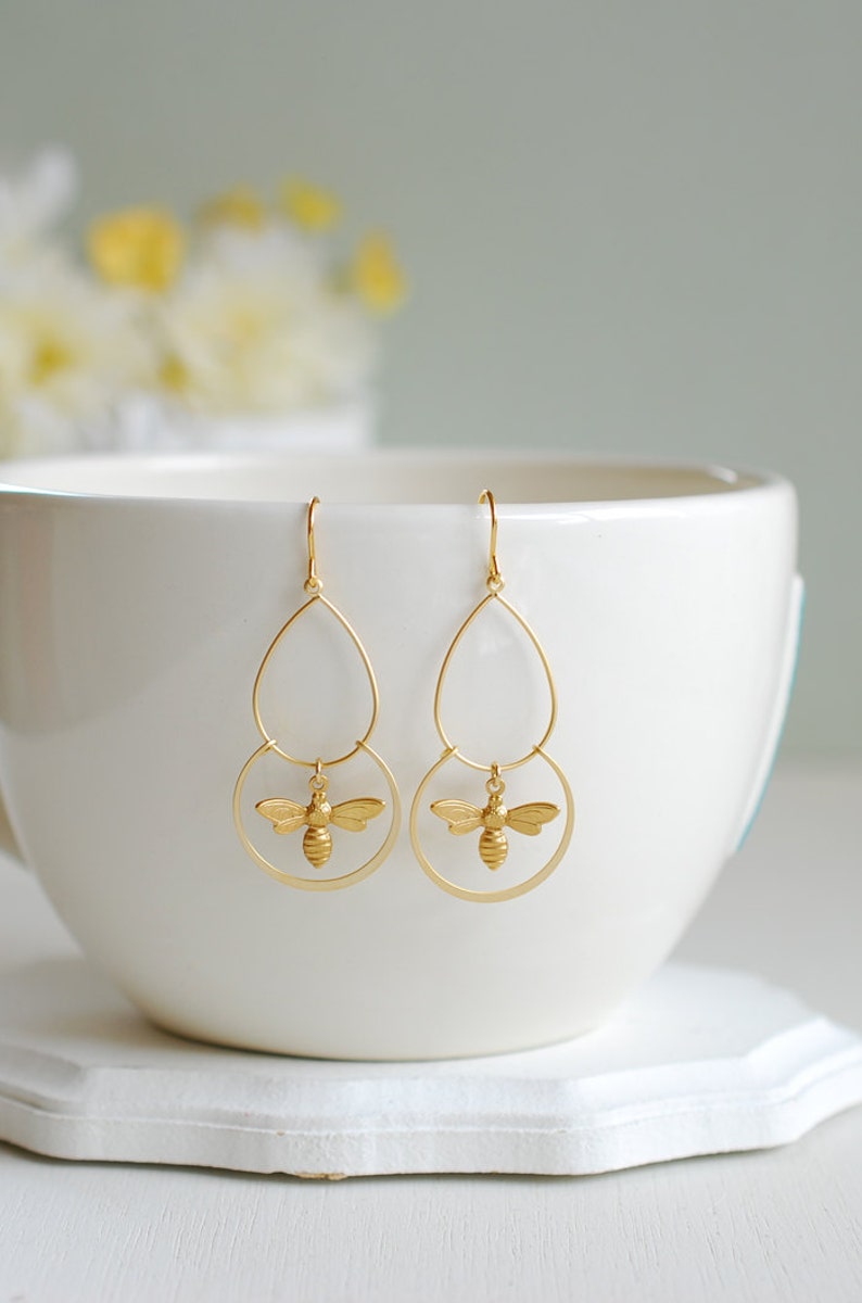 Gold Bee Earrings, Bee Dangle Earrings, Chandelier Earrings, Bee Jewelry, Unique Gift for Bee Lovers image 1