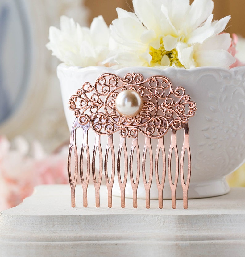 Bridesmaid Gift Rose Gold Wedding Bridal Hair Comb Rose Gold Hair Comb Winter Fall Autumn Wedding Filigree Champagne Pearl Comb