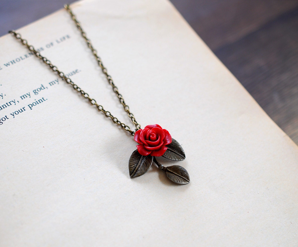 Red Rose Antique Brass Leaf Necklace. Vintage Style Nature | Etsy