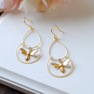 Gold Bee Earrings, Bee Dangle Earrings, Chandelier Earrings, Bee Jewelry, Unique Gift for Bee Lovers image 2