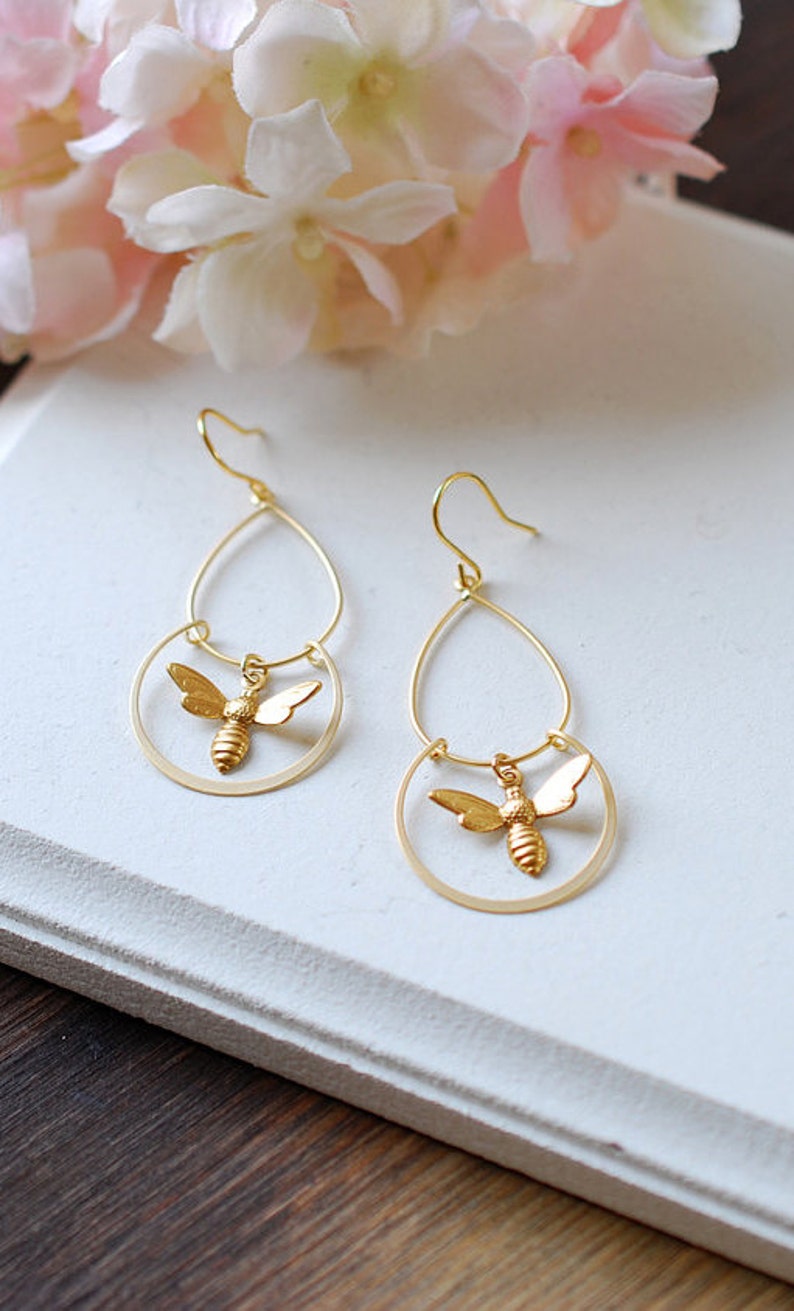 Gold Bee Earrings, Bee Dangle Earrings, Chandelier Earrings, Bee Jewelry, Unique Gift for Bee Lovers image 2