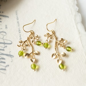 Peridot Green Earrings, Gold Leaf Tree Branch Dangle Earrings, chandelier Earrings, Summer Jewelry, Plant, Nature, August Birthstone image 3