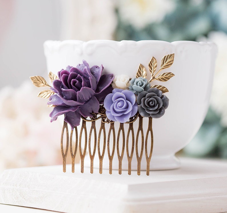 Purple Wedding Hair Comb Purple Grey Ivory Floral Bridal Hair Comb Gold Leaf Branch Bridal Hair Piece Bridesmaid Gift