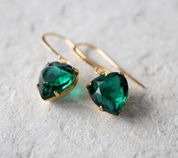 Vintage Emerald Green Heart Earrings: Gold Plated Brass, May