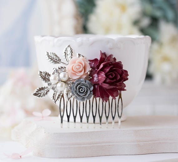 Silver Bridal Hair Comb Maroon Burgundy Dark Red Wedding Hair Etsy