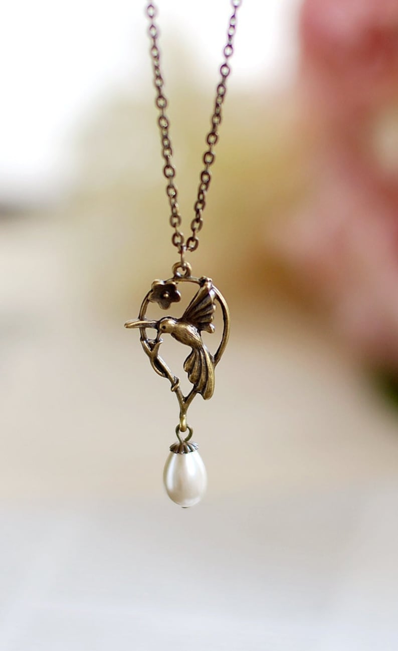 Hummingbird Necklace. Teardrop Cream Pearl Antique Brass Hummingbird Pendant Necklace. Hummingbird Jewelry, Birthday gift for mom image 1