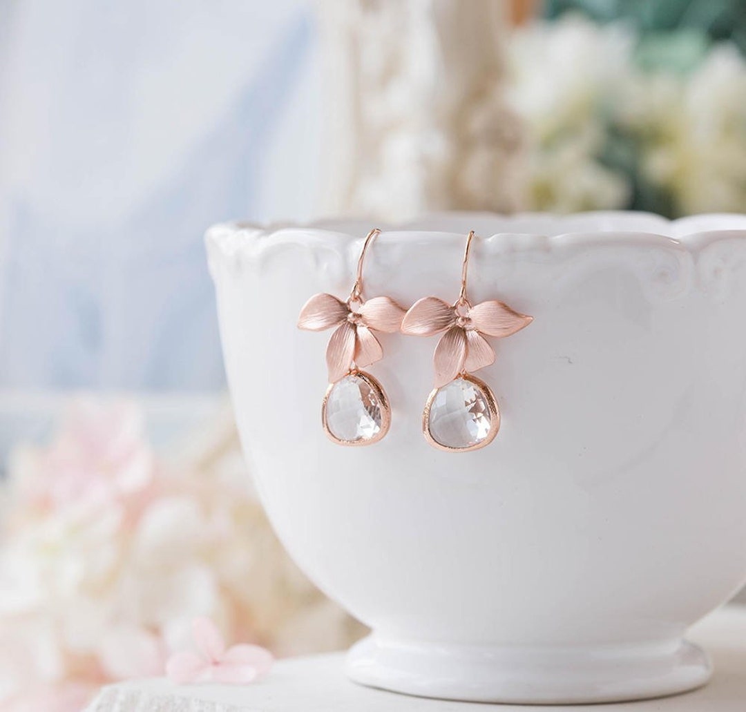 Rose Gold Earrings, Bridal Earrings, Rose Gold Wedding Jewelry