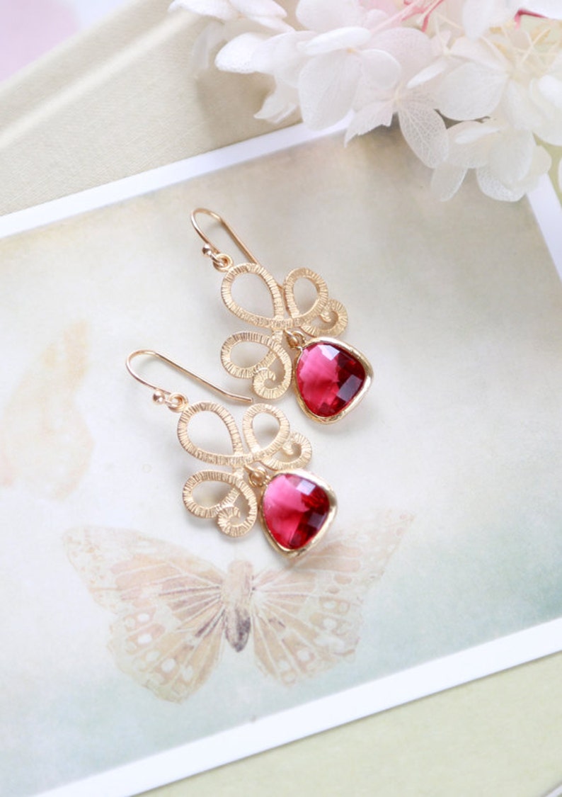 Fuchsia Pink Ruby Gold Dangle Earrings, Swirly Filigree Drop Earrings, Red Pink Wedding Jewelry, Bridal Earrings, Bridesmaid Gift image 2