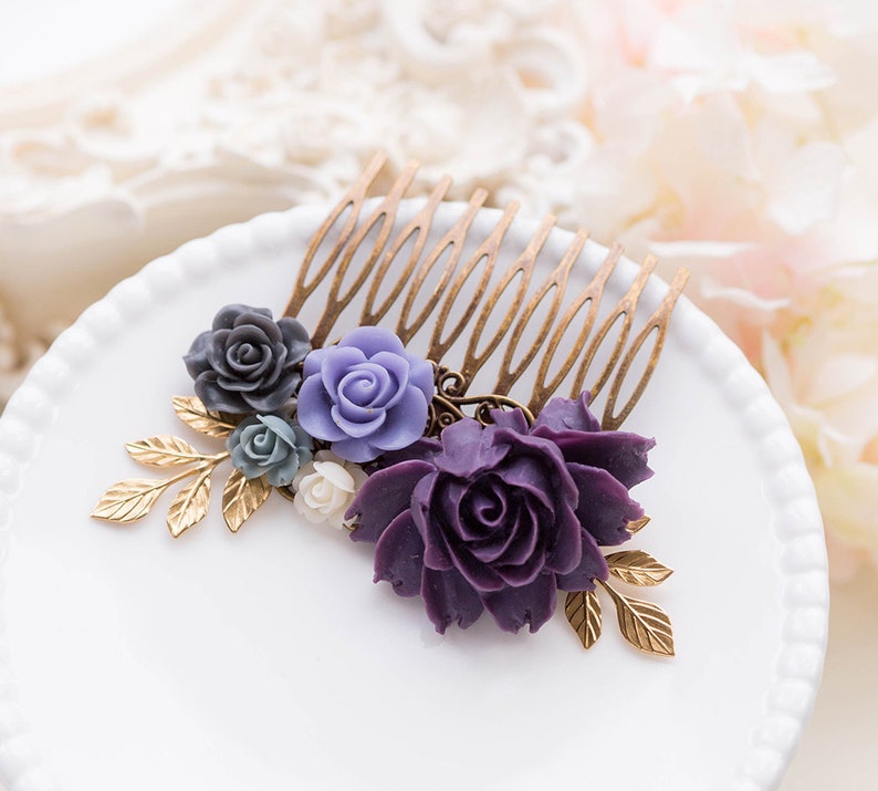Purple Wedding Hair Comb Purple Grey Ivory Floral Bridal Hair Comb Gold Leaf Branch Bridal Hair Piece Bridesmaid Gift