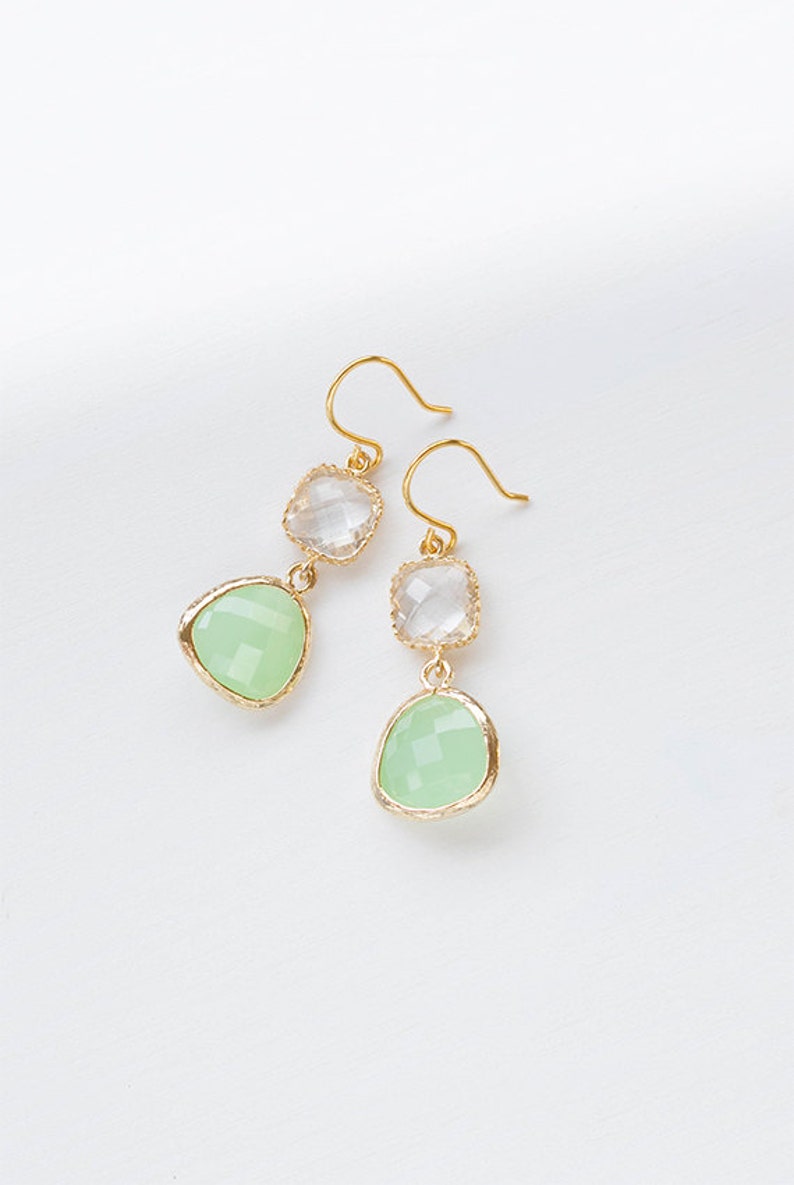 Gold Plated Mint Green Clear Crystal Dangle Earrings Seafoam | Etsy