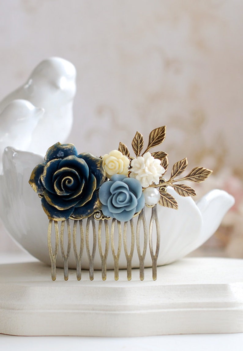 Wedding Hair Accessory Bridal Hair Comb Dark Blue Rose Flower Etsy