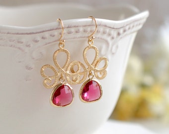 Fuchsia Pink Ruby Gold Dangle Earrings, Swirly Filigree Drop Earrings, Red Pink Wedding Jewelry, Bridal Earrings, Bridesmaid Gift