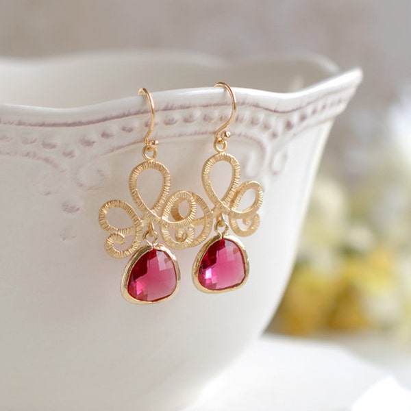 Fuchsia Pink Ruby Gold Dangle Earrings, Swirly Filigree Drop Earrings, Red Pink Wedding Jewelry, Bridal Earrings, Bridesmaid Gift