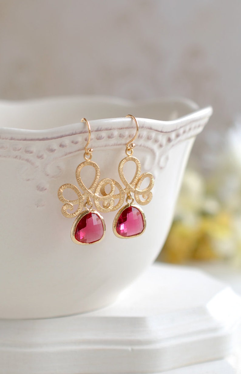 Fuchsia Pink Ruby Gold Dangle Earrings, Swirly Filigree Drop Earrings, Red Pink Wedding Jewelry, Bridal Earrings, Bridesmaid Gift image 1