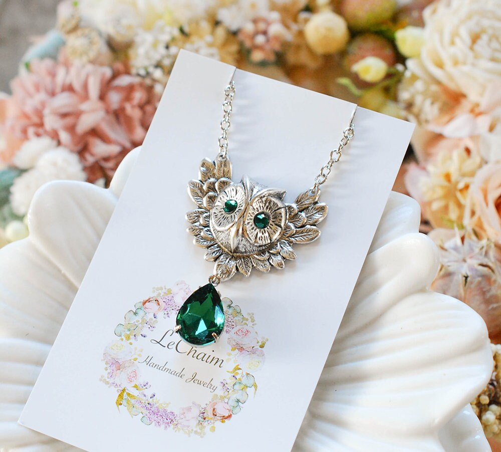 Owl Necklace, May Birthstone Necklace, Owl Jewelry, Silver Plated Brass Owl, Emerald Green Necklace,