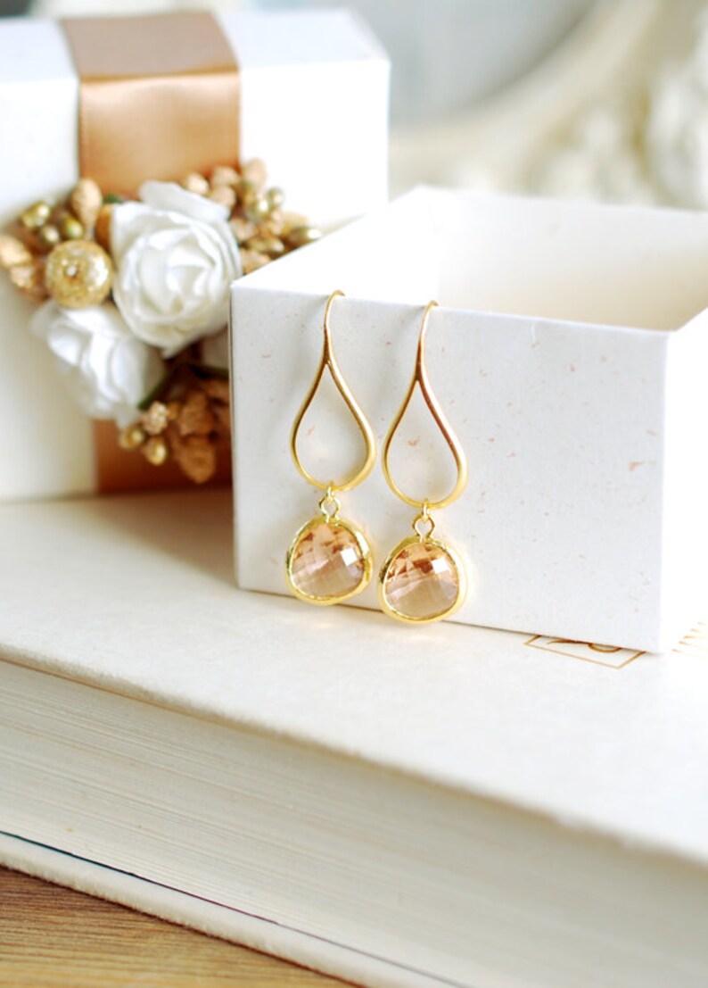 Peach Champagne Dangle Earrings Glass Drop Earrings Gold Etsy