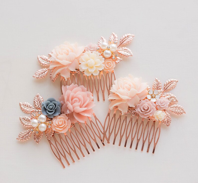 Rose Gold Bridal Hair Comb Maroon Burgundy Dark Red Wedding Hair Comb Red Gray Dusty Pink Flower Pearl Rhinestone Fall Autumn Wedding Comb image 5