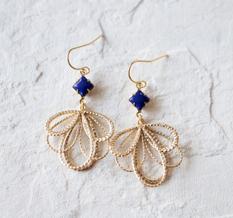 Lace Filigree Earrings Vintage Lapis Lazuli Glass Stone Earrings Gold and Navy Blue Earrings Gift for Women