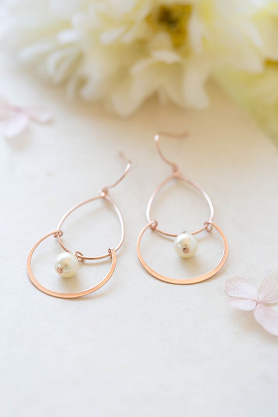 Rose Gold Hoop Dangle Earrings Pink Gold Cream White Pearl Etsy