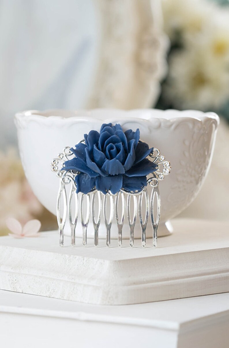 Navy Blue Bridal Hair Comb Antiqued Brass Filigree Dark ...