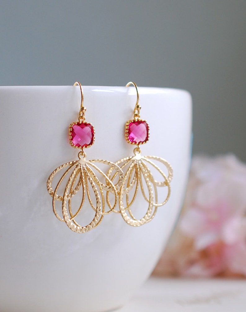Pink Ruby Glass Dangle Earrings Fuchsia Magenta Chandelier Etsy