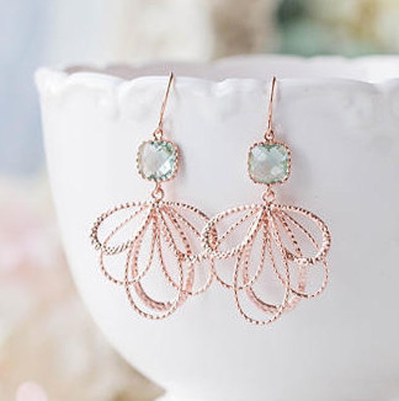 Aqua Blue Rose Gold Dangle Earrings Aquamarine Aqua Wedding Bridal Earrings Bridesmaid Earrings Rose Gold Wedding Jewelry Bridesmaid Gift image 1