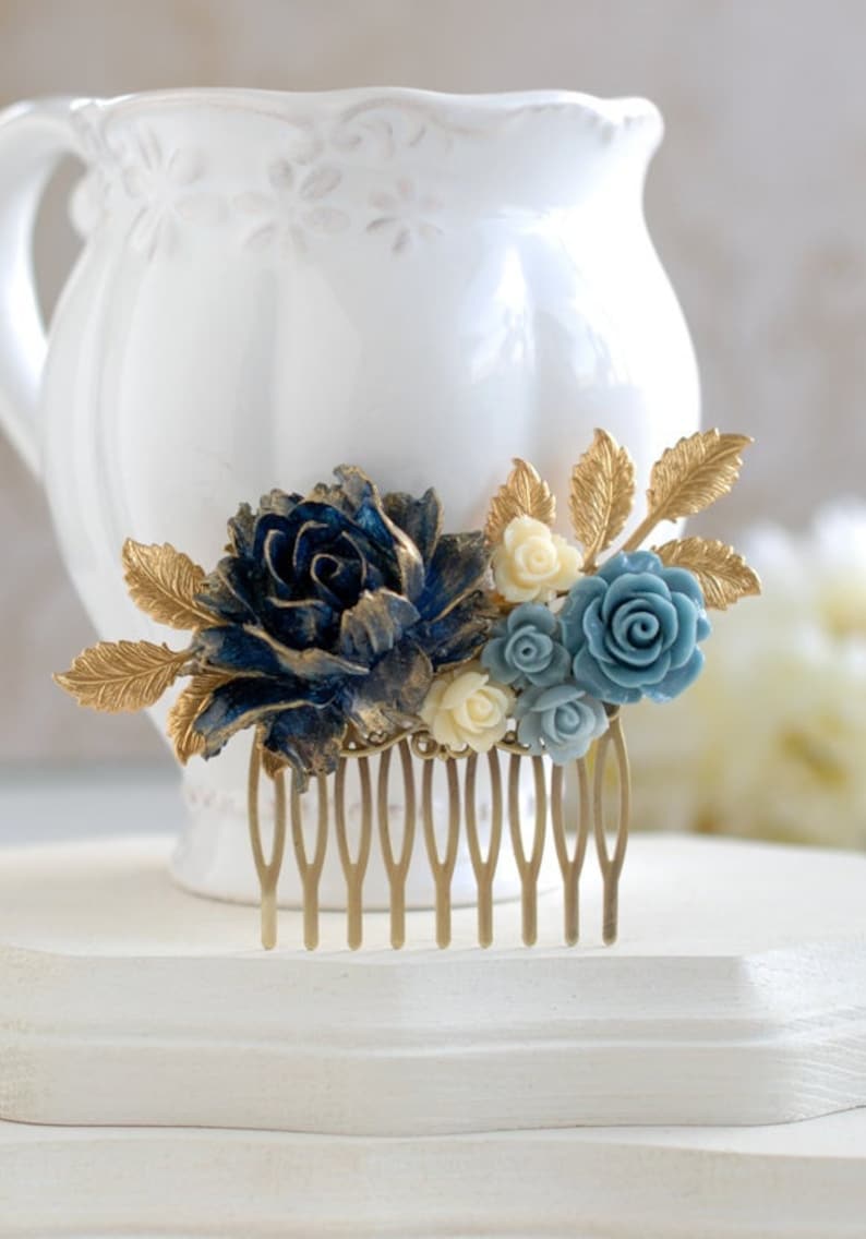 Navy Blue Bridal Hair Comb, Gold Navy Blue Wedding, Something Blue Wedding, Flower Hair Comb, Gold Dusky Blue Ivory Rose Gold Leaf Hair Comb image 1