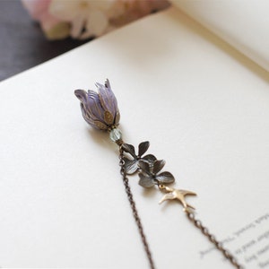 Tulip Necklace, Purple Violet Brass Tulip Flower Orchid Swallow Bird Necklace, Gift for mom Wife Girlfriend, gift for her image 2