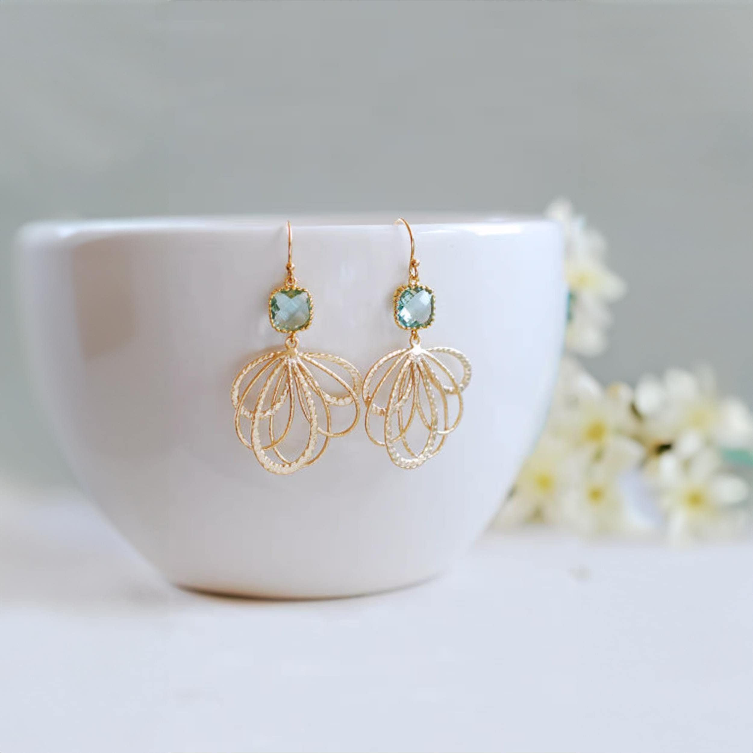 Aqua Blue Earrings in 18K Gold Seafoam Green Dangle Earrings Aqua Wedding Jewelry Bridesmaid Gift March Birthstone Valentines Gift for Her